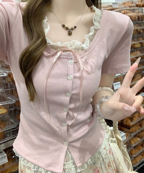 GEMEDA(ジェメダ)の「【3color】レース重ねがあざと可愛いフェイクレイヤードリブトップス / 韓国ガーリー半袖T(Tシャツ/カットソー・レディース・ライトブルー/ピンク/ライトパープル・M)」の15枚目の写真