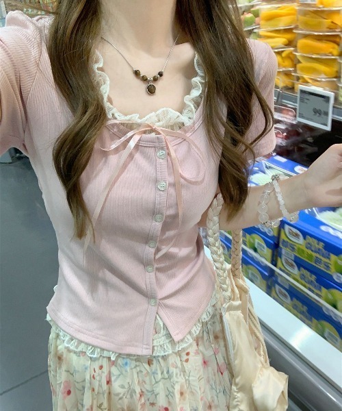 GEMEDA(ジェメダ)の「【3color】レース重ねがあざと可愛いフェイクレイヤードリブトップス / 韓国ガーリー半袖T(Tシャツ/カットソー・レディース・ライトブルー/ピンク/ライトパープル・M)」の16枚目の写真