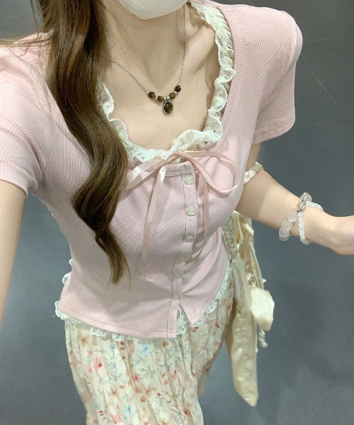 GEMEDA(ジェメダ)の「【3color】レース重ねがあざと可愛いフェイクレイヤードリブトップス / 韓国ガーリー半袖T(Tシャツ/カットソー・レディース・ライトブルー/ピンク/ライトパープル・M)」の17枚目の写真