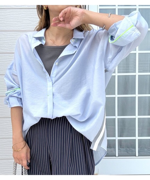 Q(キュー)の「サイドラインシアーシャツ(シャツ/ブラウス・レディース・ライトブルー/グレー・MEDIUM)」の22枚目の写真