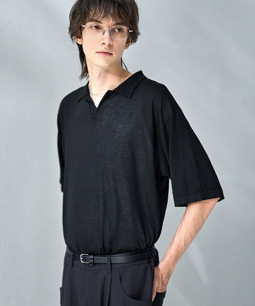 ASTRONOMY(アストロノミー)の「【接触冷感/抗菌防臭】半袖スキッパーポロニット(ポロシャツ・メンズ・ネイビー/グレー/ブラック・M/S/XL/L)」の4枚目の写真