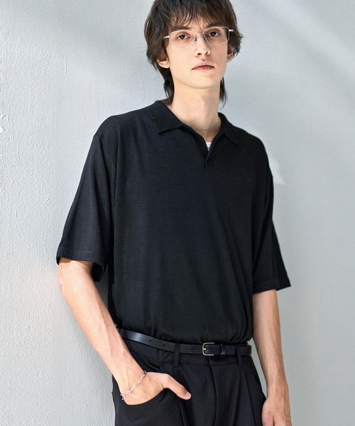 ASTRONOMY(アストロノミー)の「【接触冷感/抗菌防臭】半袖スキッパーポロニット(ポロシャツ・メンズ・ネイビー/グレー/ブラック・M/S/XL/L)」の5枚目の写真