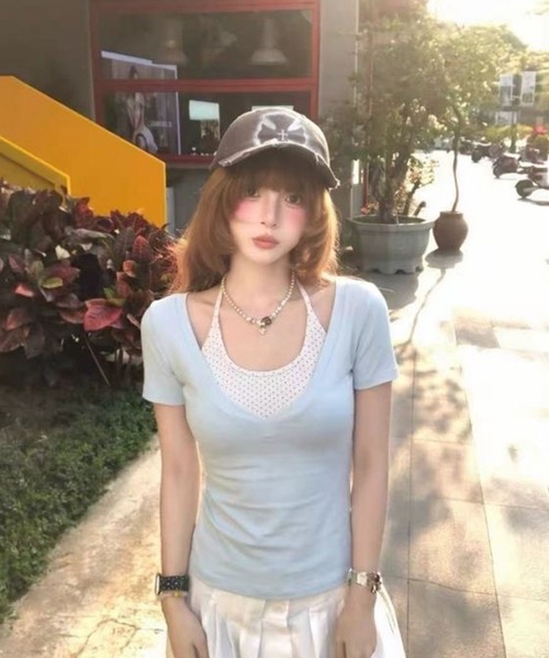 AsheKsha(アシクシャ)の「ポルカドットのフェイク2ピース半袖Tシャツ(Tシャツ/カットソー・レディース・ブルー・M)」の1枚目の写真