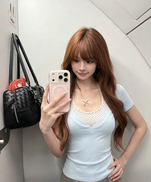 AsheKsha(アシクシャ)の「ポルカドットのフェイク2ピース半袖Tシャツ(Tシャツ/カットソー・レディース・ブルー・M)」の2枚目の写真