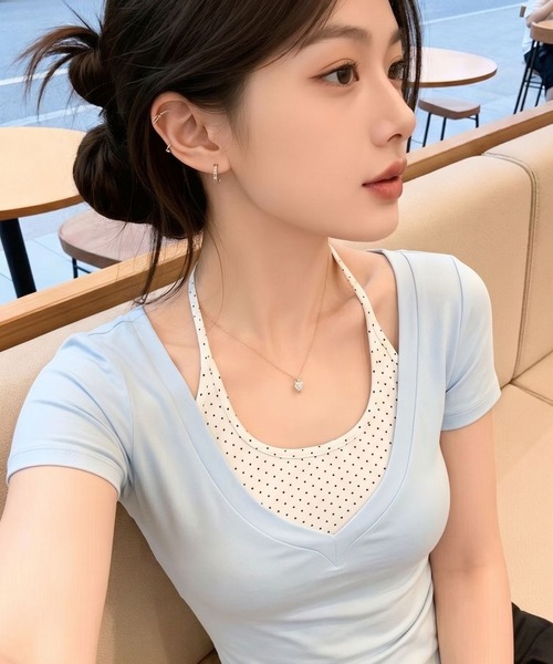 AsheKsha(アシクシャ)の「ポルカドットのフェイク2ピース半袖Tシャツ(Tシャツ/カットソー・レディース・ブルー・M)」の5枚目の写真
