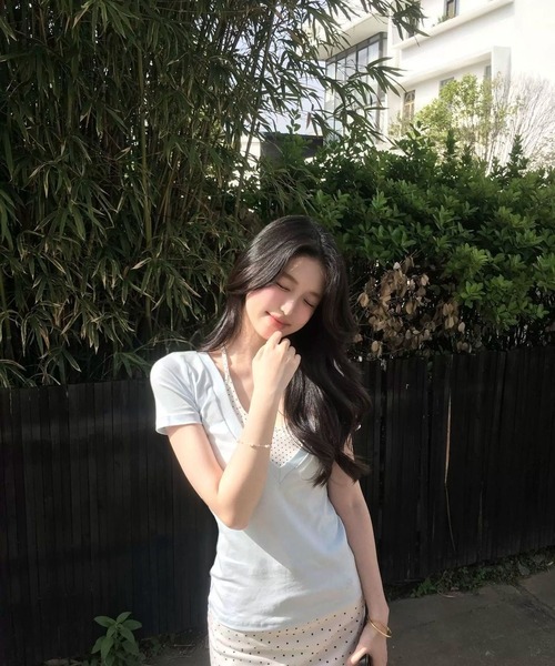 AsheKsha(アシクシャ)の「ポルカドットのフェイク2ピース半袖Tシャツ(Tシャツ/カットソー・レディース・ブルー・M)」の7枚目の写真