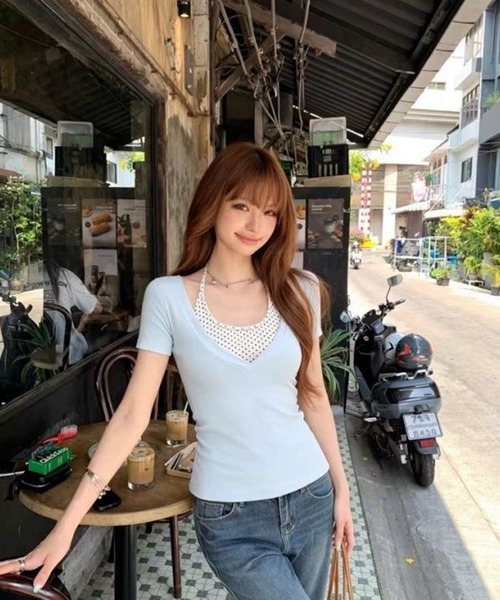 AsheKsha(アシクシャ)の「ポルカドットのフェイク2ピース半袖Tシャツ(Tシャツ/カットソー・レディース・ブルー・M)」の11枚目の写真