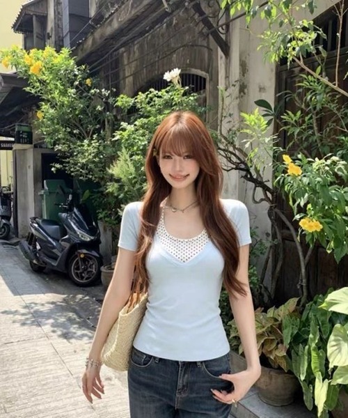 AsheKsha(アシクシャ)の「ポルカドットのフェイク2ピース半袖Tシャツ(Tシャツ/カットソー・レディース・ブルー・M)」の12枚目の写真