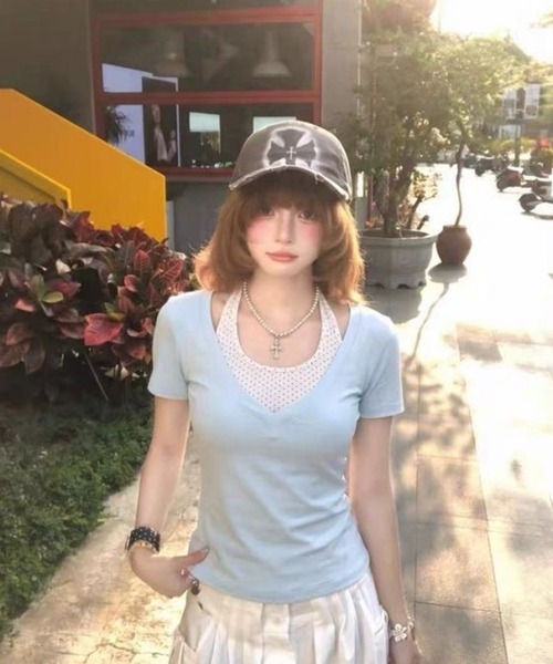 AsheKsha(アシクシャ)の「ポルカドットのフェイク2ピース半袖Tシャツ(Tシャツ/カットソー・レディース・ブルー・M)」の18枚目の写真