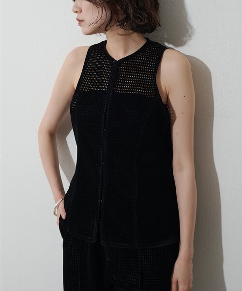 Drawing Numbers(ドローイング ナンバーズ)の「【Drawing Numbers】フロッキーラッセルメッシュジレ/セットアップ可(シャツ/ブラウス・レディース・ブラック・38)」の1枚目の写真