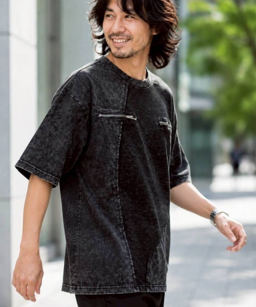 KAMINARI_TOKIO(カミナリトキオ)の「アシメ切替ワッフルTシャツ(Tシャツ/カットソー・レディース・チャコールグレー/ブラック・FREE)」の1枚目の写真