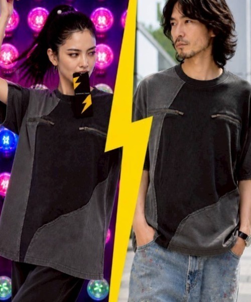 KAMINARI_TOKIO(カミナリトキオ)の「アシメ切替ワッフルTシャツ(Tシャツ/カットソー・レディース・チャコールグレー/ブラック・FREE)」の16枚目の写真