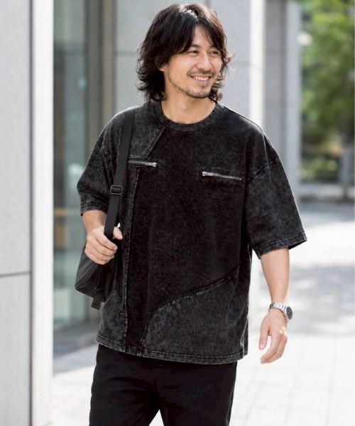 KAMINARI_TOKIO(カミナリトキオ)の「アシメ切替ワッフルTシャツ(Tシャツ/カットソー・レディース・チャコールグレー/ブラック・FREE)」の5枚目の写真
