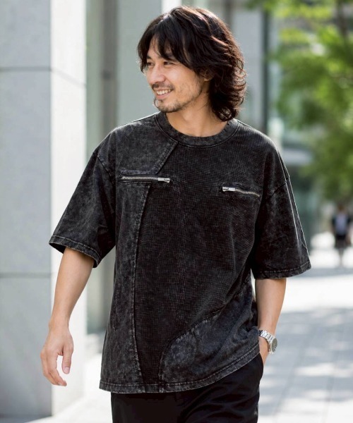 KAMINARI_TOKIO(カミナリトキオ)の「アシメ切替ワッフルTシャツ(Tシャツ/カットソー・レディース・チャコールグレー/ブラック・FREE)」の6枚目の写真