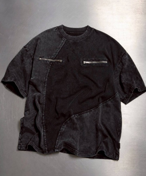 KAMINARI_TOKIO(カミナリトキオ)の「アシメ切替ワッフルTシャツ(Tシャツ/カットソー・レディース・チャコールグレー/ブラック・FREE)」の19枚目の写真