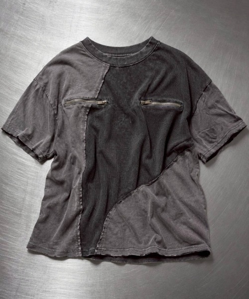 KAMINARI_TOKIO(カミナリトキオ)の「アシメ切替ワッフルTシャツ(Tシャツ/カットソー・レディース・チャコールグレー/ブラック・FREE)」の21枚目の写真