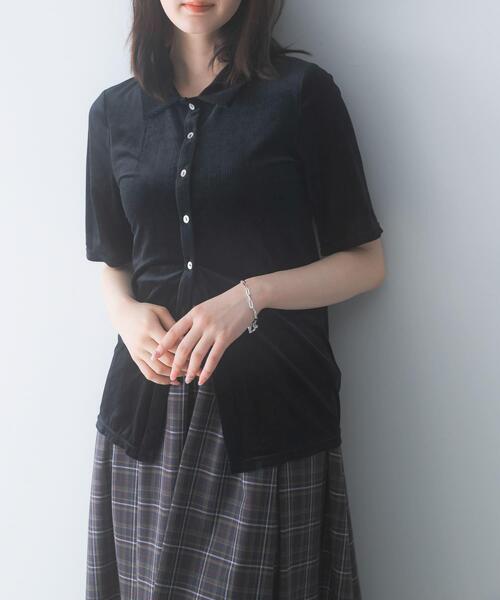 URBAN RESEARCH ROSSO WOMEN(アーバンリサーチ ロッソ)の「シアーストライプベロアポロカットソー(Tシャツ/カットソー・レディース・ブラック/オフホワイト・FREE)」の1枚目の写真