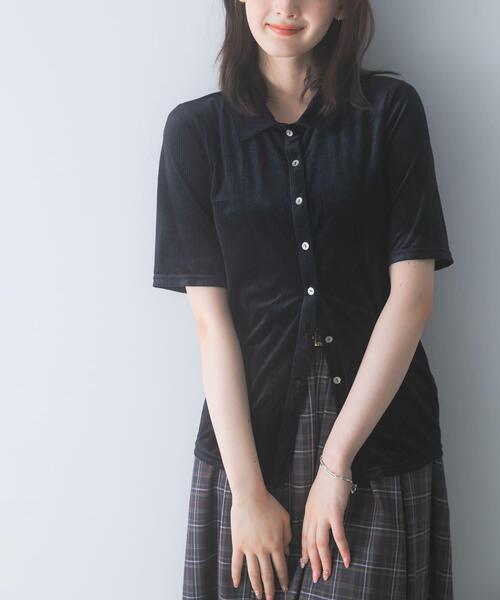 URBAN RESEARCH ROSSO WOMEN(アーバンリサーチ ロッソ)の「シアーストライプベロアポロカットソー(Tシャツ/カットソー・レディース・ブラック/オフホワイト・FREE)」の17枚目の写真