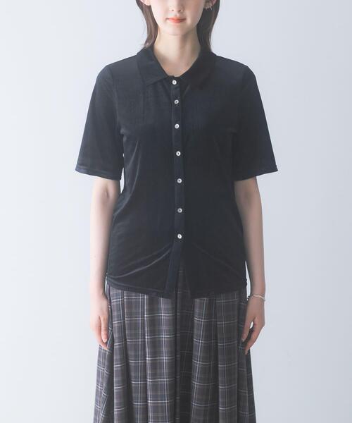 URBAN RESEARCH ROSSO WOMEN(アーバンリサーチ ロッソ)の「シアーストライプベロアポロカットソー(Tシャツ/カットソー・レディース・ブラック/オフホワイト・FREE)」の9枚目の写真