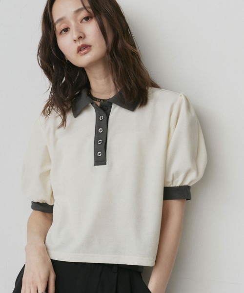 ad thie(アドティエ)の「ショート丈 パフスリーブ ポロシャツ(ポロシャツ・レディース・ピンク/ライトブルー/ネイビー/ブラウン/チャコール/アイボリー・FREE)」の4枚目の写真