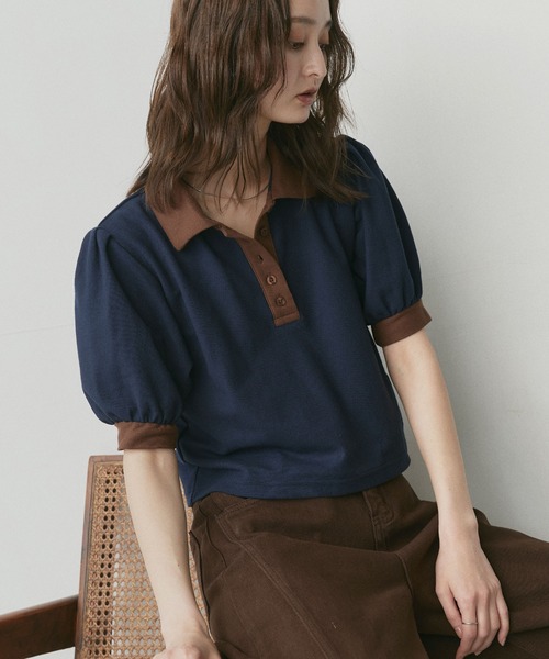 ad thie(アドティエ)の「ショート丈 パフスリーブ ポロシャツ(ポロシャツ・レディース・ピンク/ライトブルー/ネイビー/ブラウン/チャコール/アイボリー・FREE)」の5枚目の写真