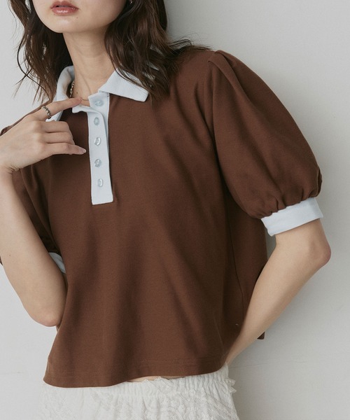 ad thie(アドティエ)の「ショート丈 パフスリーブ ポロシャツ(ポロシャツ・レディース・ピンク/ライトブルー/ネイビー/ブラウン/チャコール/アイボリー・FREE)」の3枚目の写真