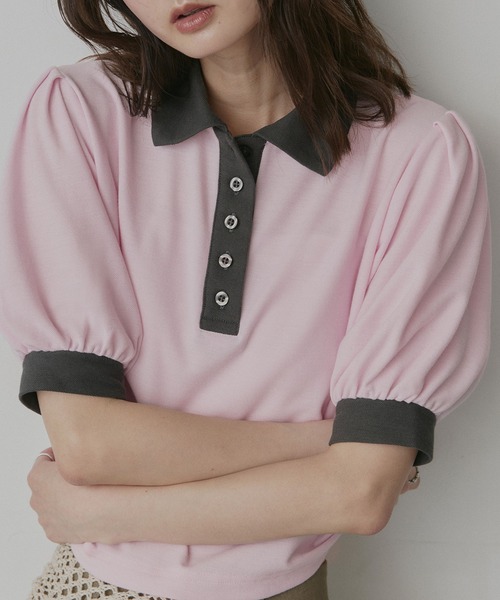 ad thie(アドティエ)の「ショート丈 パフスリーブ ポロシャツ(ポロシャツ・レディース・ピンク/ライトブルー/ネイビー/ブラウン/チャコール/アイボリー・FREE)」の6枚目の写真