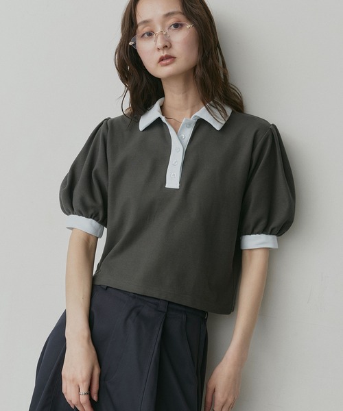 ad thie(アドティエ)の「ショート丈 パフスリーブ ポロシャツ(ポロシャツ・レディース・ピンク/ライトブルー/ネイビー/ブラウン/チャコール/アイボリー・FREE)」の2枚目の写真