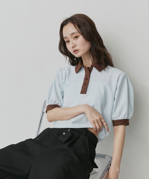 ad thie(アドティエ)の「ショート丈 パフスリーブ ポロシャツ(ポロシャツ・レディース・ピンク/ライトブルー/ネイビー/ブラウン/チャコール/アイボリー・FREE)」の1枚目の写真