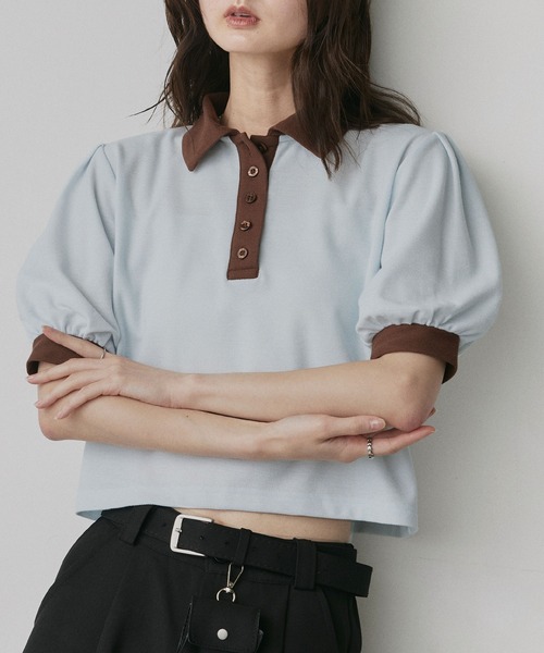 ad thie(アドティエ)の「ショート丈 パフスリーブ ポロシャツ(ポロシャツ・レディース・ピンク/ライトブルー/ネイビー/ブラウン/チャコール/アイボリー・FREE)」の8枚目の写真