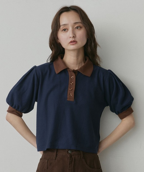 ad thie(アドティエ)の「ショート丈 パフスリーブ ポロシャツ(ポロシャツ・レディース・ピンク/ライトブルー/ネイビー/ブラウン/チャコール/アイボリー・FREE)」の13枚目の写真