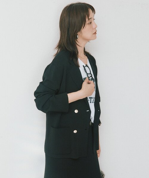 RIVE DROITE(リヴドロワ)の「【接触冷感/セットアップ対応可】ニットジャケット(オフィスカジュアル)(テーラードジャケット・レディース・ブラウン/ホワイト系その他/ブラック・FREE)」の11枚目の写真