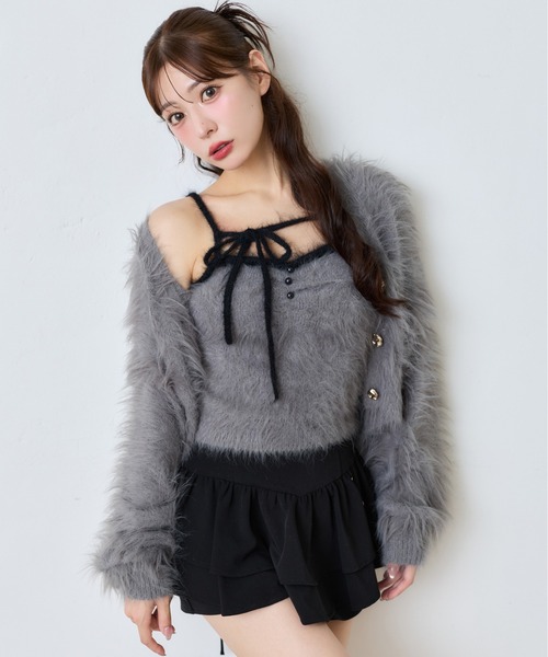 one after another NICE CLAUP（ワンアフターアナザーナイスクラップ）の「パウダーフェザーショートカーデ【ビスチェ別売り】（カーディガン/ボレロ・レディース・アイボリー/ブラウン/グレー/ピンク/サックスブルー/ブラック・FREE）」の3枚目の写真