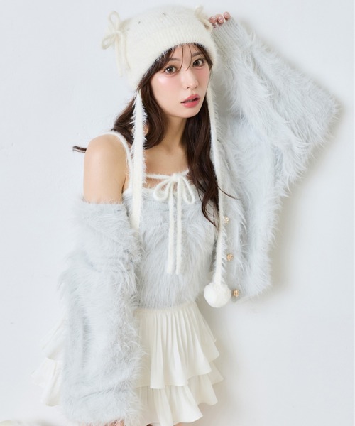 one after another NICE CLAUP（ワンアフターアナザーナイスクラップ）の「パウダーフェザーショートカーデ【ビスチェ別売り】（カーディガン/ボレロ・レディース・アイボリー/ブラウン/グレー/ピンク/サックスブルー/ブラック・FREE）」の5枚目の写真