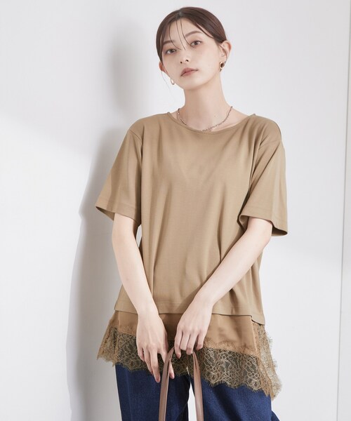 OPAQUE.CLIP(オペークドットクリップ)の「裾レースアシメカットソー【洗濯機OK】(Tシャツ/カットソー・レディース・ブラウン系/ブラック/アイボリー・42/40/38)」の3枚目の写真