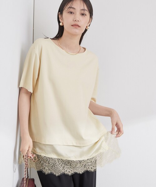 OPAQUE.CLIP(オペークドットクリップ)の「裾レースアシメカットソー【洗濯機OK】(Tシャツ/カットソー・レディース・ブラウン系/ブラック/アイボリー・42/40/38)」の1枚目の写真