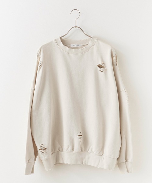 Chick(チック)の「Damage processing Crew neck sweatshirt / ダメージ加工 クルーネックスウェット 2026年 夏 夏服メンズ(スウェット・メンズ・ホワイト・FREE)」の1枚目の写真