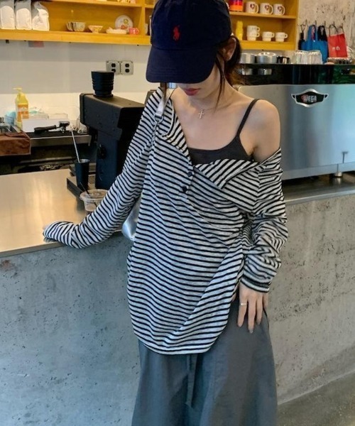 lilful(リルフル)の「ヘンリーネック ボーダーアシメカットソー(Tシャツ/カットソー・レディース・その他・F)」の5枚目の写真