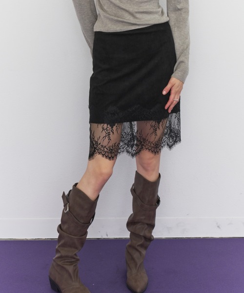 Rohwel(ローウェル)の「Suede Lace Skirt / スエードレーススカート(スカート・レディース・ブラウン/ブラック・FREE)」の1枚目の写真