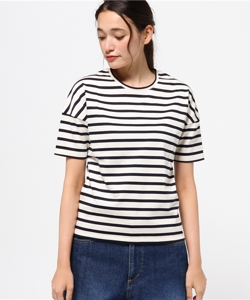 HELIOPOLE(エリオポール)の「ボーダー クルーネック 半袖プルオーバー(Tシャツ/カットソー・レディース・ホワイト×ネイビー/グリーン系その他/グリーン・38)」の4枚目の写真