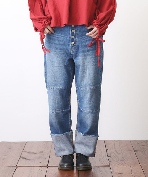 CUBE SUGAR（キューブシュガー）の「 10オンスデニム 折り返しリメイクデニムパンツ（デニムパンツ・レディース・ブルー/ワンウォッシュ・L/M）」の2枚目の写真