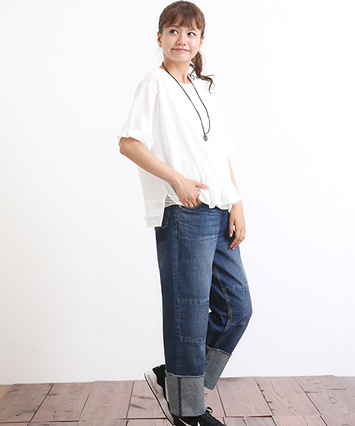 CUBE SUGAR（キューブシュガー）の「 10オンスデニム 折り返しリメイクデニムパンツ（デニムパンツ・レディース・ブルー/ワンウォッシュ・L/M）」の3枚目の写真