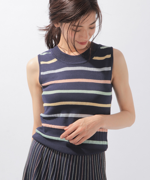 laboratory work（ラボラトリーワーク）の「マルチシアーボーダープルオーバー（ニット/セーター・レディース・ネイビー/オレンジ・MEDIUM）」の2枚目の写真