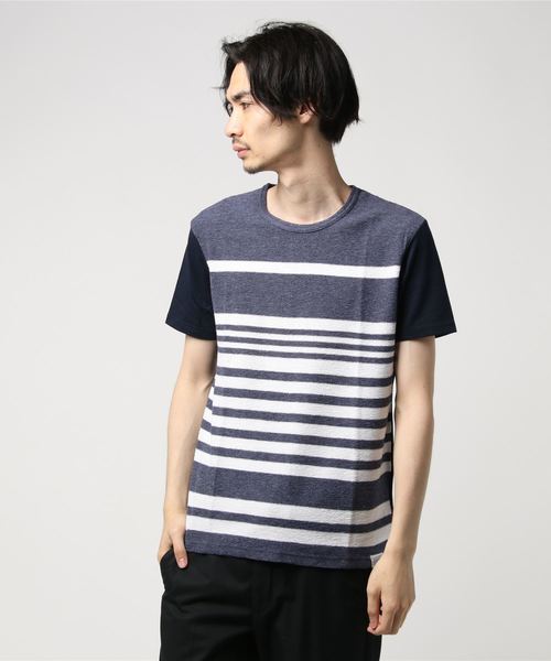 STYLEBLOCK(スタイルブロック)の「ボコテン先染ボーダー前身切替天竺半袖Tシャツ(Tシャツ/カットソー・メンズ・ブラック/グレー/ピンク/ネイビー/グリーン・M/L/LL)」の4枚目の写真