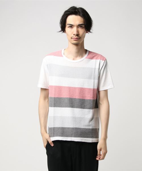 STYLEBLOCK(スタイルブロック)の「ボコテン先染ボーダー前身切替天竺半袖Tシャツ(Tシャツ/カットソー・メンズ・ブラック/グレー/ピンク/ネイビー/グリーン・M/L/LL)」の5枚目の写真