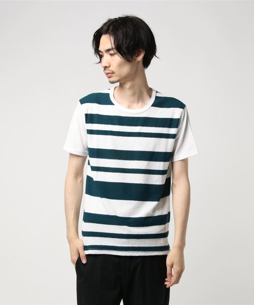 STYLEBLOCK(スタイルブロック)の「ボコテン先染ボーダー前身切替天竺半袖Tシャツ(Tシャツ/カットソー・メンズ・ブラック/グレー/ピンク/ネイビー/グリーン・M/L/LL)」の3枚目の写真