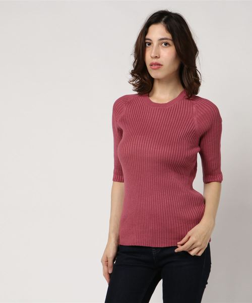 AMERICAN HOLIC（アメリカンホリック）の「・5分袖クルーネックプルオーバー＊（ニット/セーター・レディース・ピンク/モカ/マスタード/カーキ/ダークグリーン/ブラック/ベージュ/ネイビー・L/M）」の8枚目の写真