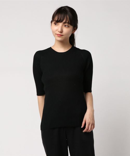 AMERICAN HOLIC（アメリカンホリック）の「・5分袖クルーネックプルオーバー＊（ニット/セーター・レディース・ピンク/モカ/マスタード/カーキ/ダークグリーン/ブラック/ベージュ/ネイビー・L/M）」の2枚目の写真