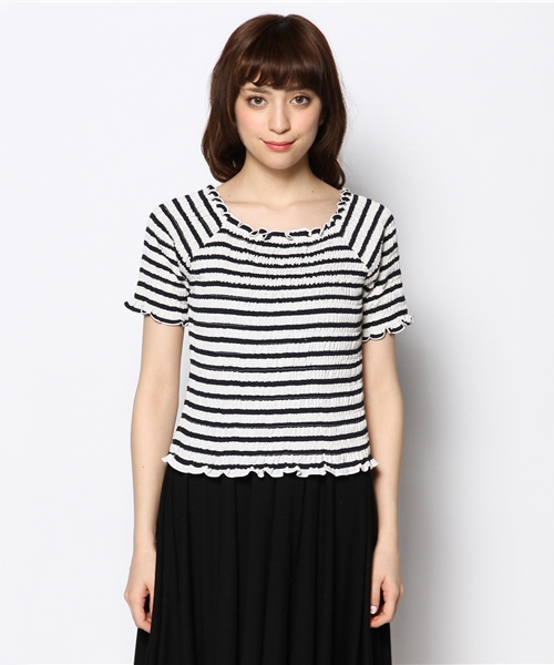 Chico（チコ）の「ボーダーシャーリングTOPS（Tシャツ/カットソー・レディース・ダークブルー/オフホワイト/ベージュ・FREE）」の7枚目の写真