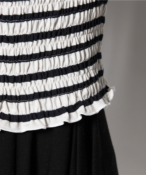 Chico（チコ）の「ボーダーシャーリングTOPS（Tシャツ/カットソー・レディース・ダークブルー/オフホワイト/ベージュ・FREE）」の6枚目の写真